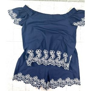 Draper James Navy Blue White Eyelet Floral Detail Pajama Set Size XL